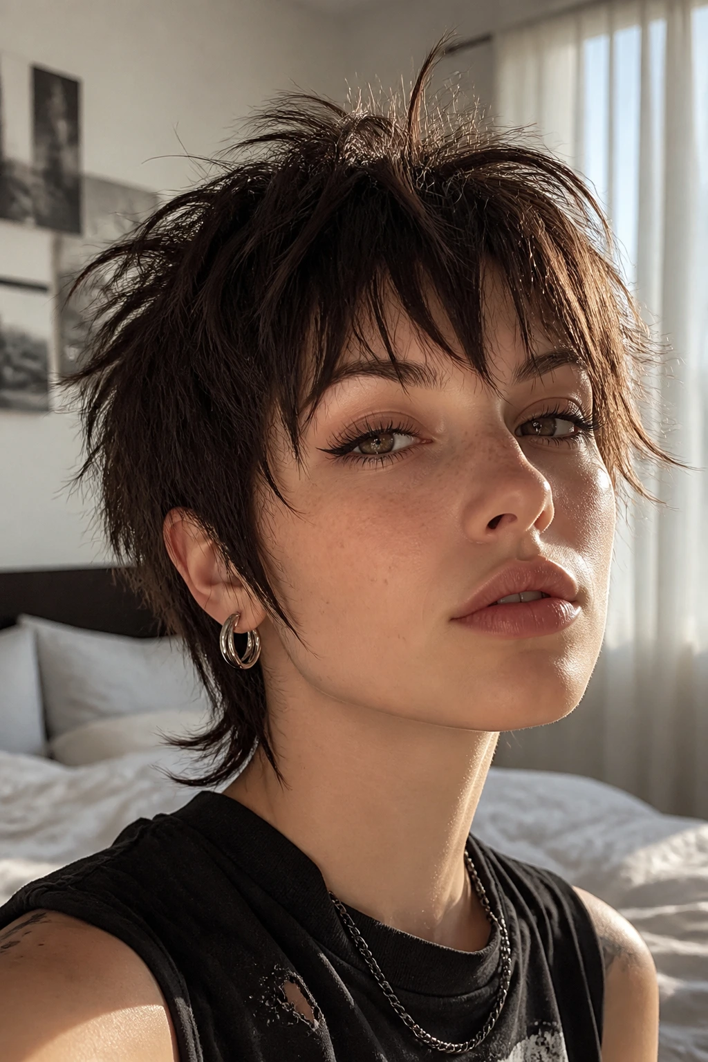 Close-up portrait of a real person showing a choppy pixie shag with lift