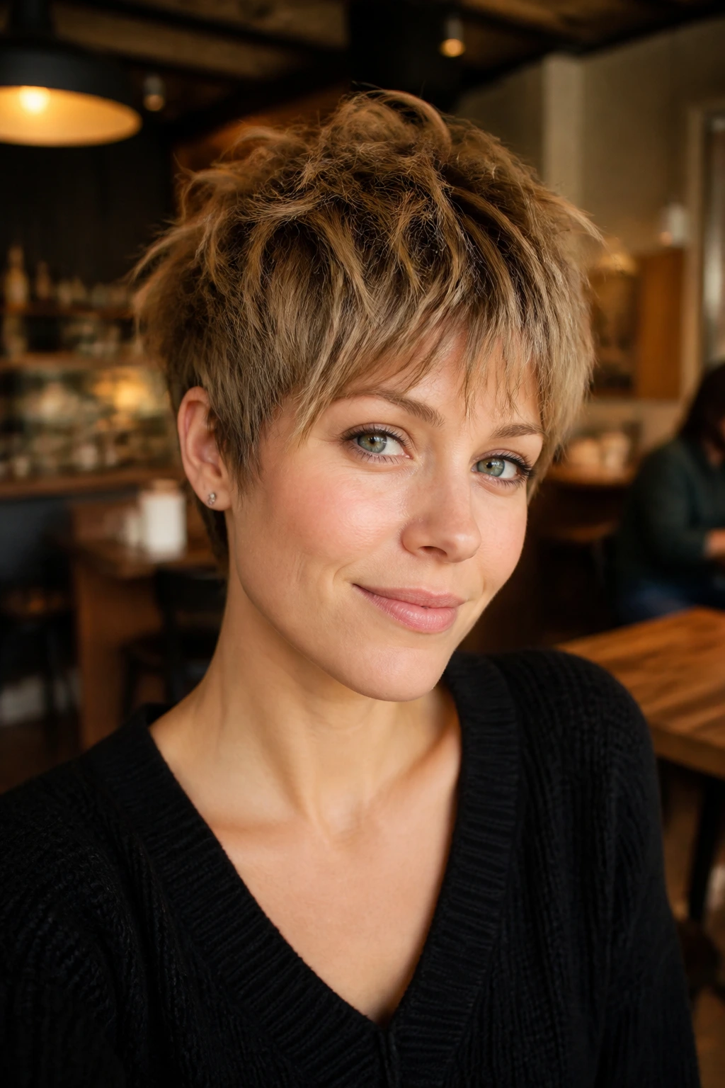 Close-up portrait of a real woman with choppy pixie shag showing top layers and broken fringe in cafe lighting