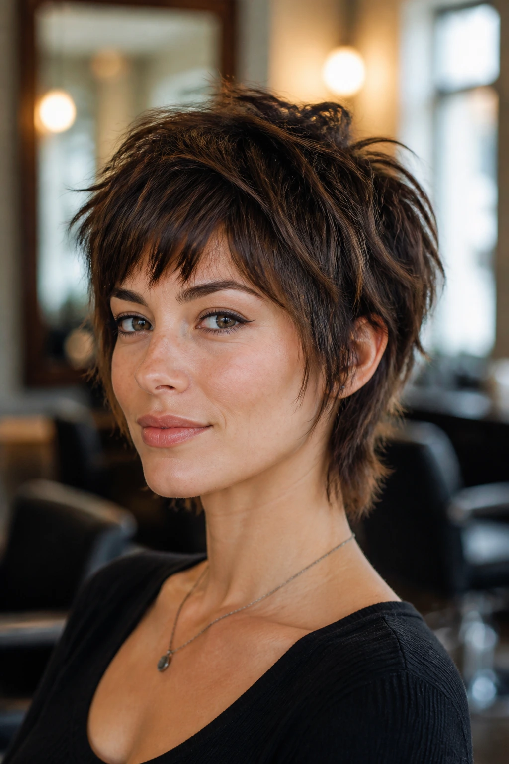 Close-up portrait of a real woman with a choppy pixie shag and longer crown in a salon