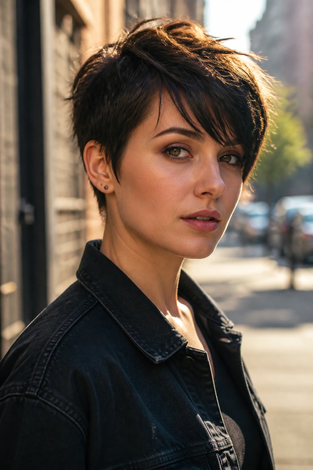 Portrait of a person with a choppy pixie and side-swept bangs.