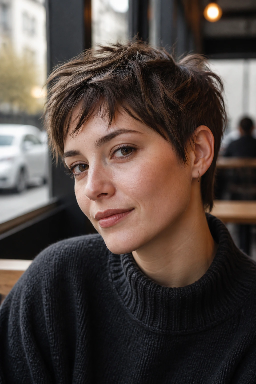 Portrait of a woman with a choppy textured pixie showing uneven fringe in daylight.