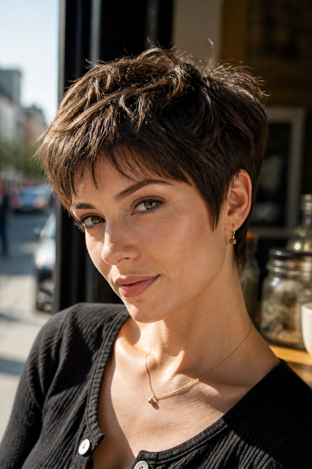 Close-up of real person with choppy pixie cut in cafe window light