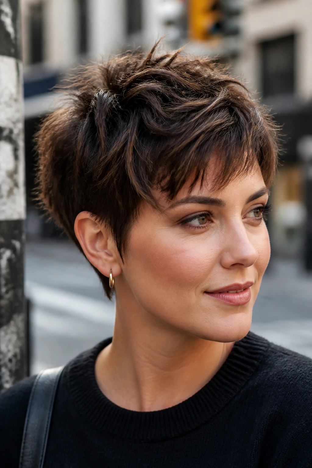Close-up of a real woman with a choppy textured pixie