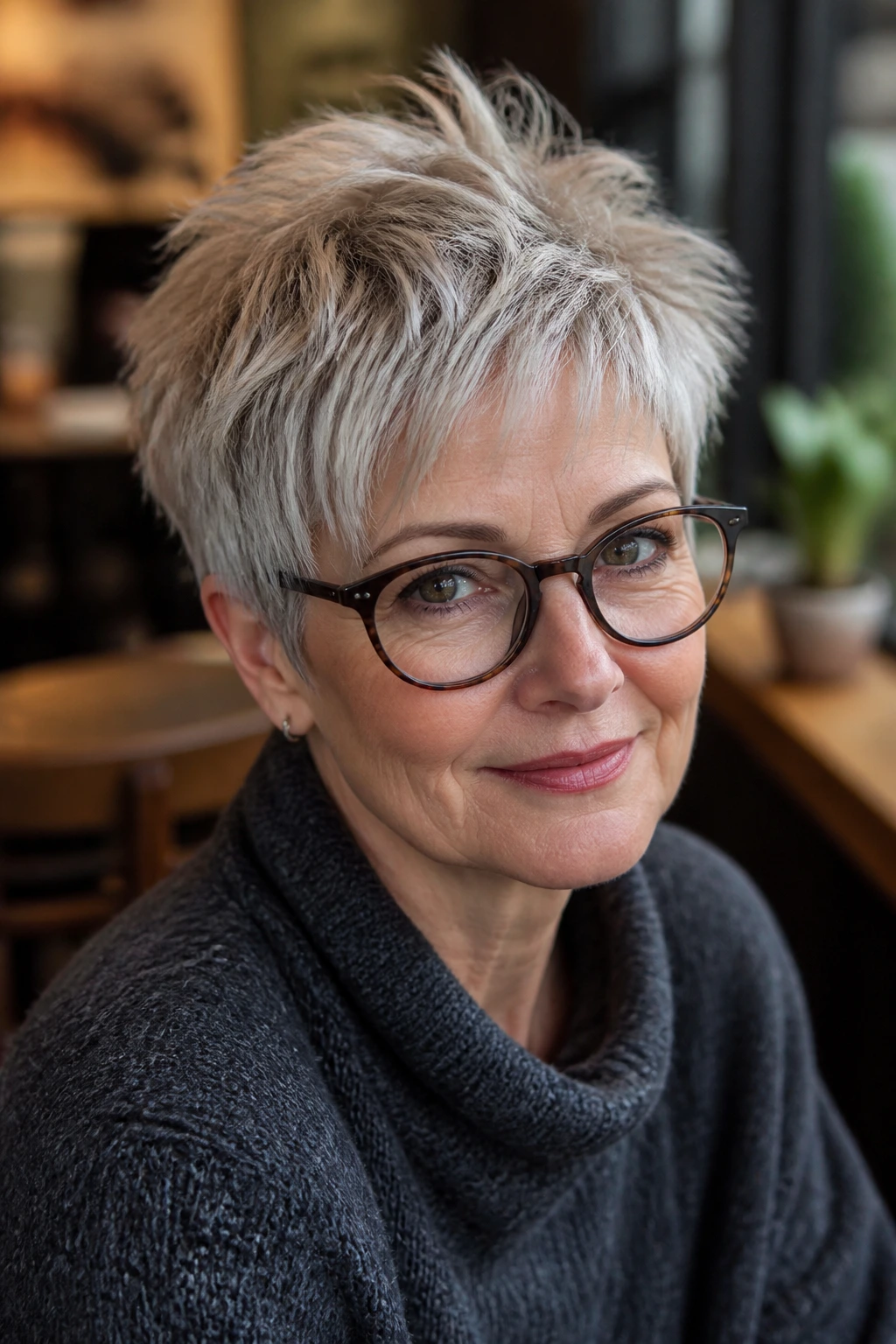 Real woman with choppy pixie texture in a cozy setting.
