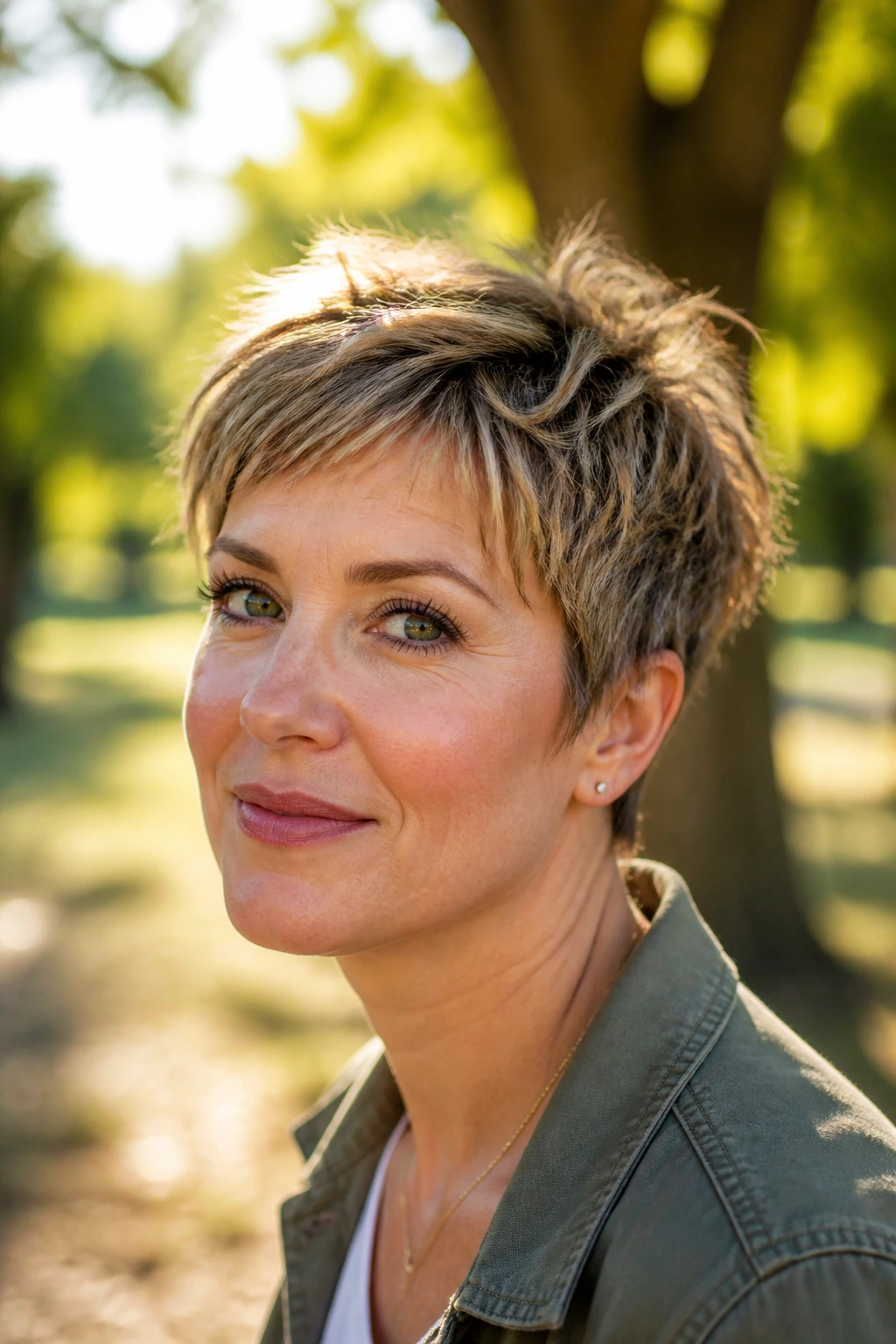Close-up of a woman with choppy salt-spray pixie outdoors at golden hour