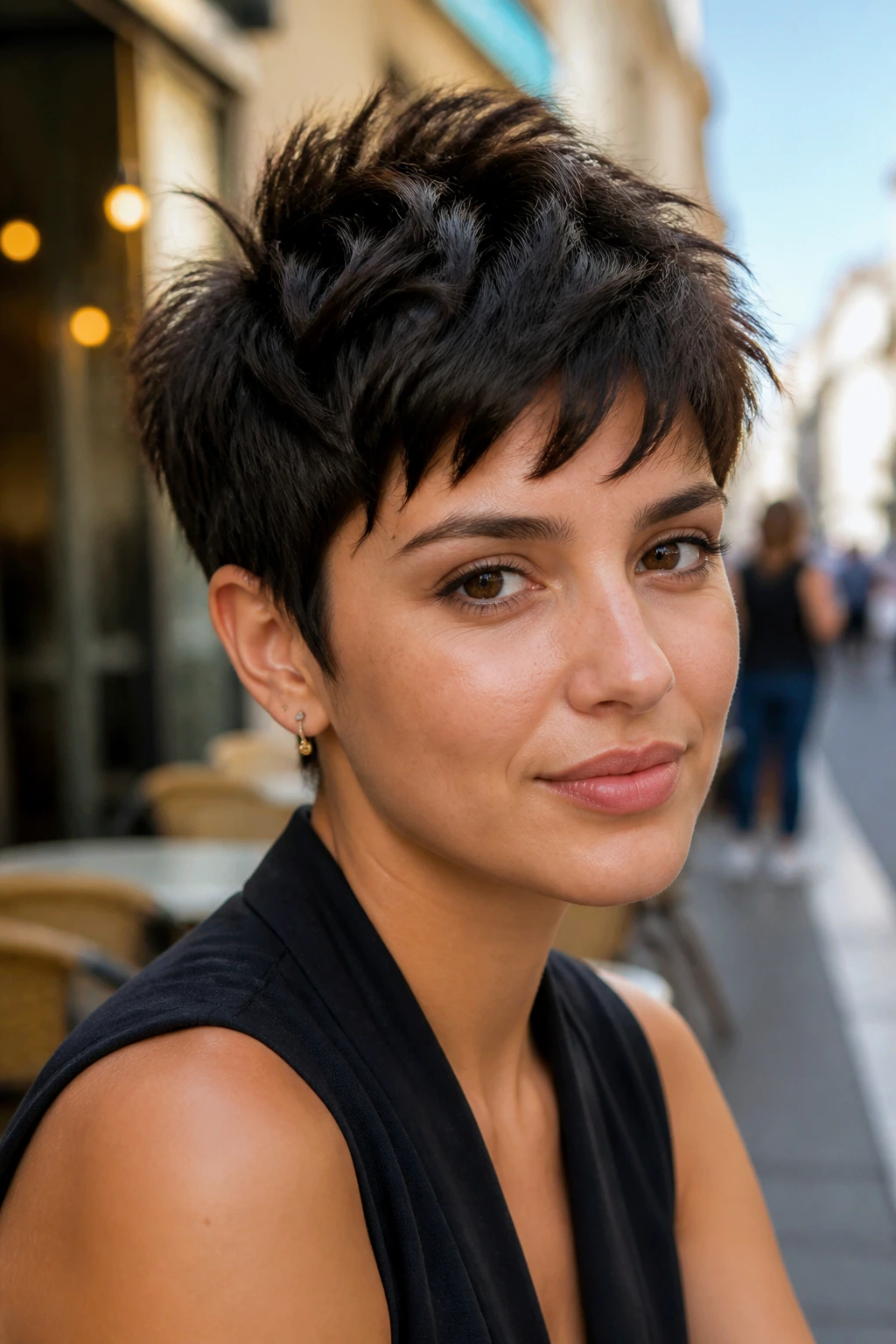 Portrait of a real woman with choppy piecey pixie showing chunky texture