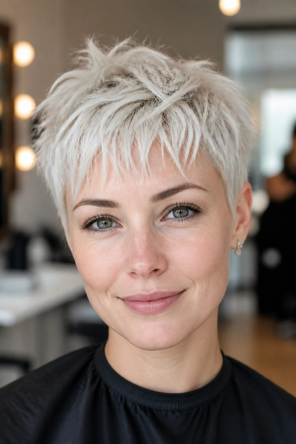 Close-up of a real person with a choppy platinum pixie