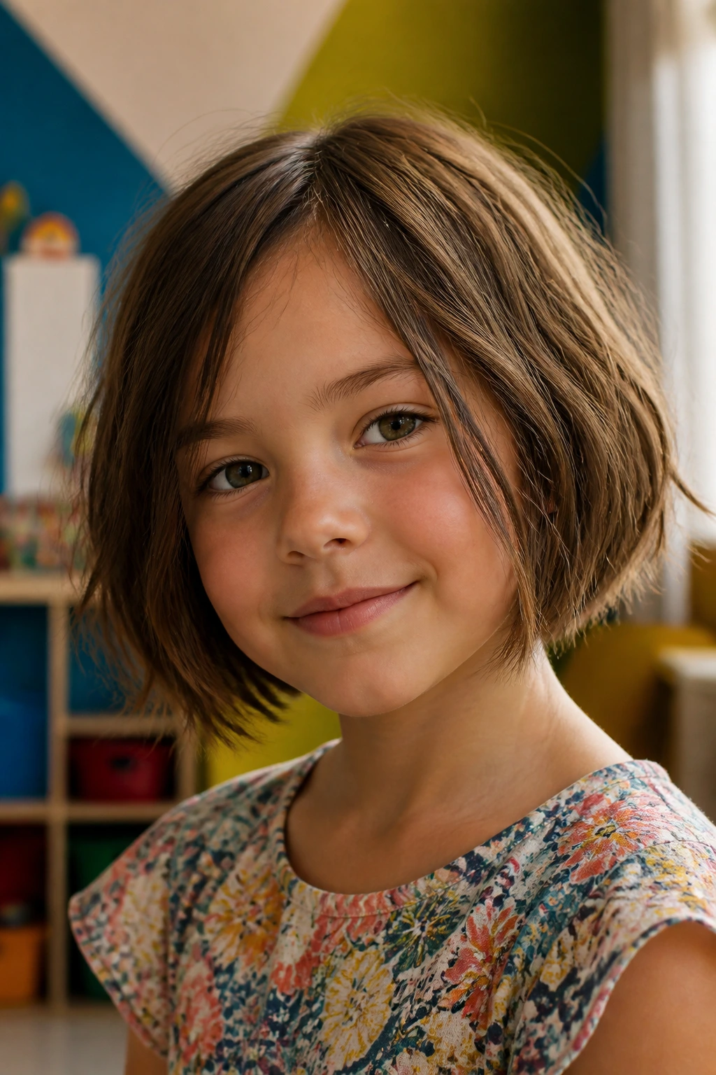 Close-up portrait of a real girl with a choppy play bob.