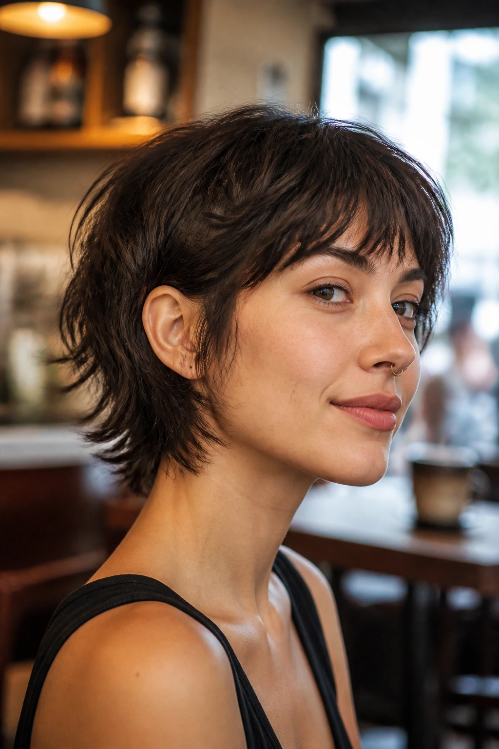 Close-up of Choppy Razor Bob Shag on a real person in a cafe