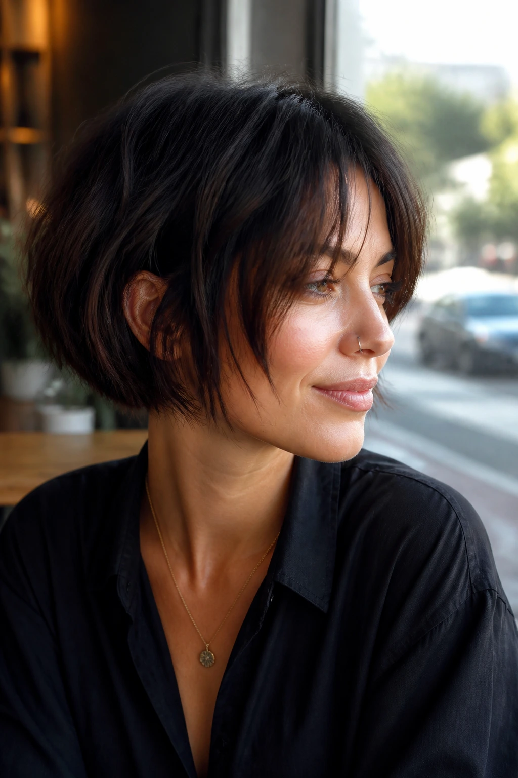 Choppy razor curtain fringe with broken texture on a short haircut