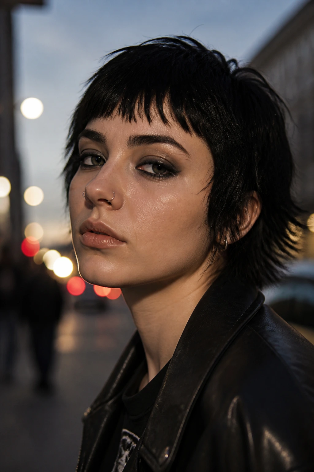 Close-up of choppy razor fringe on short dark hair with urban dusk background
