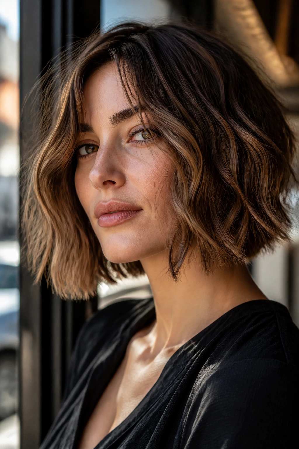 Close-up portrait of a real woman with a choppy razor lob