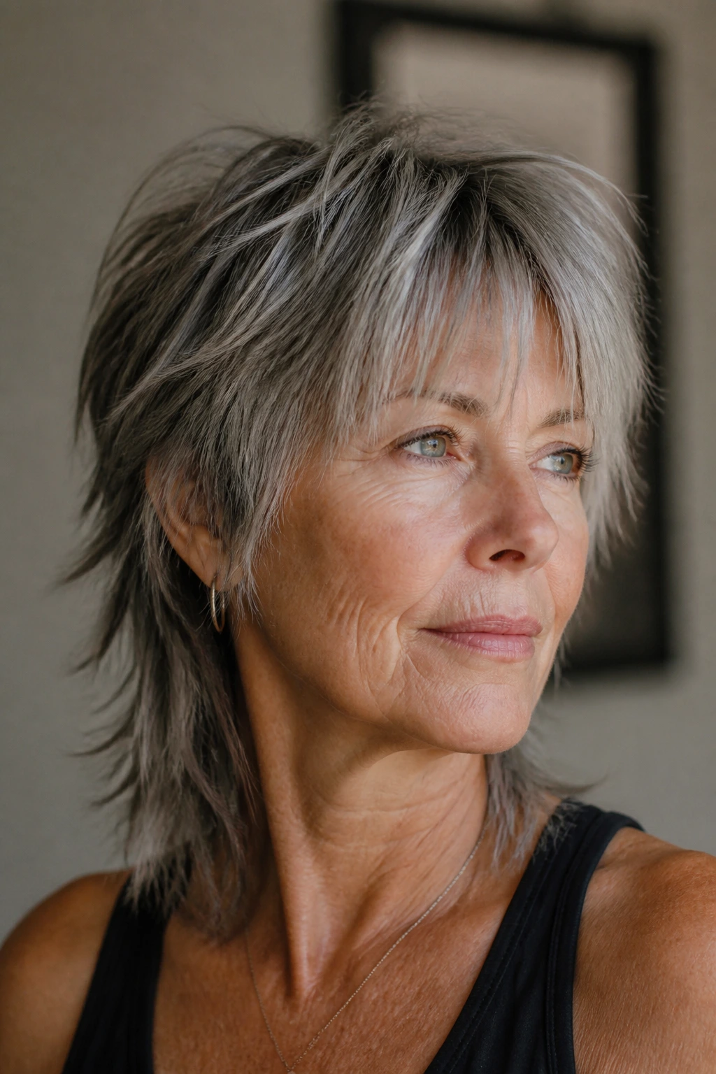 Real woman with choppy razor mullet on straight hair