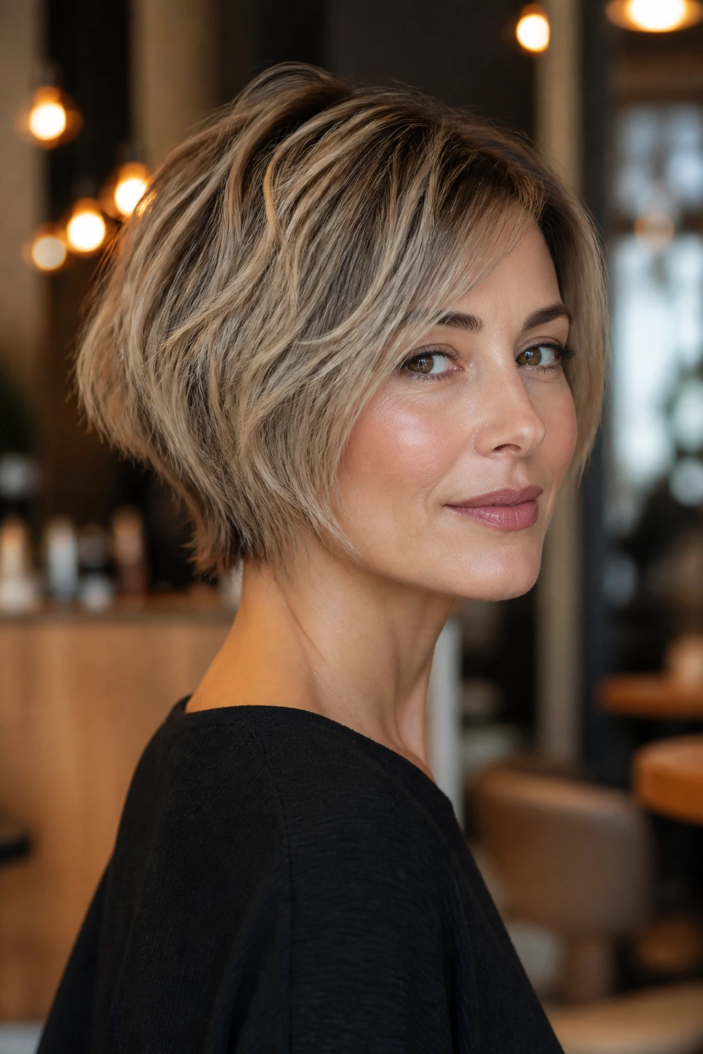 Portrait of a real woman with a choppy Razor Stack hairstyle showing movement