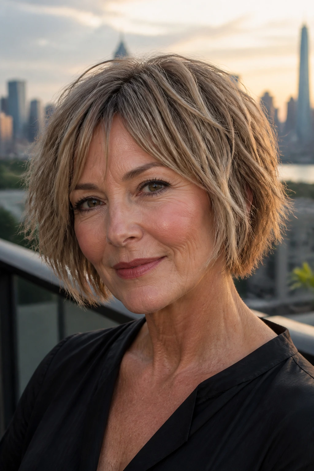 Close-up of a real woman with a choppy razored bob against a city skyline backdrop