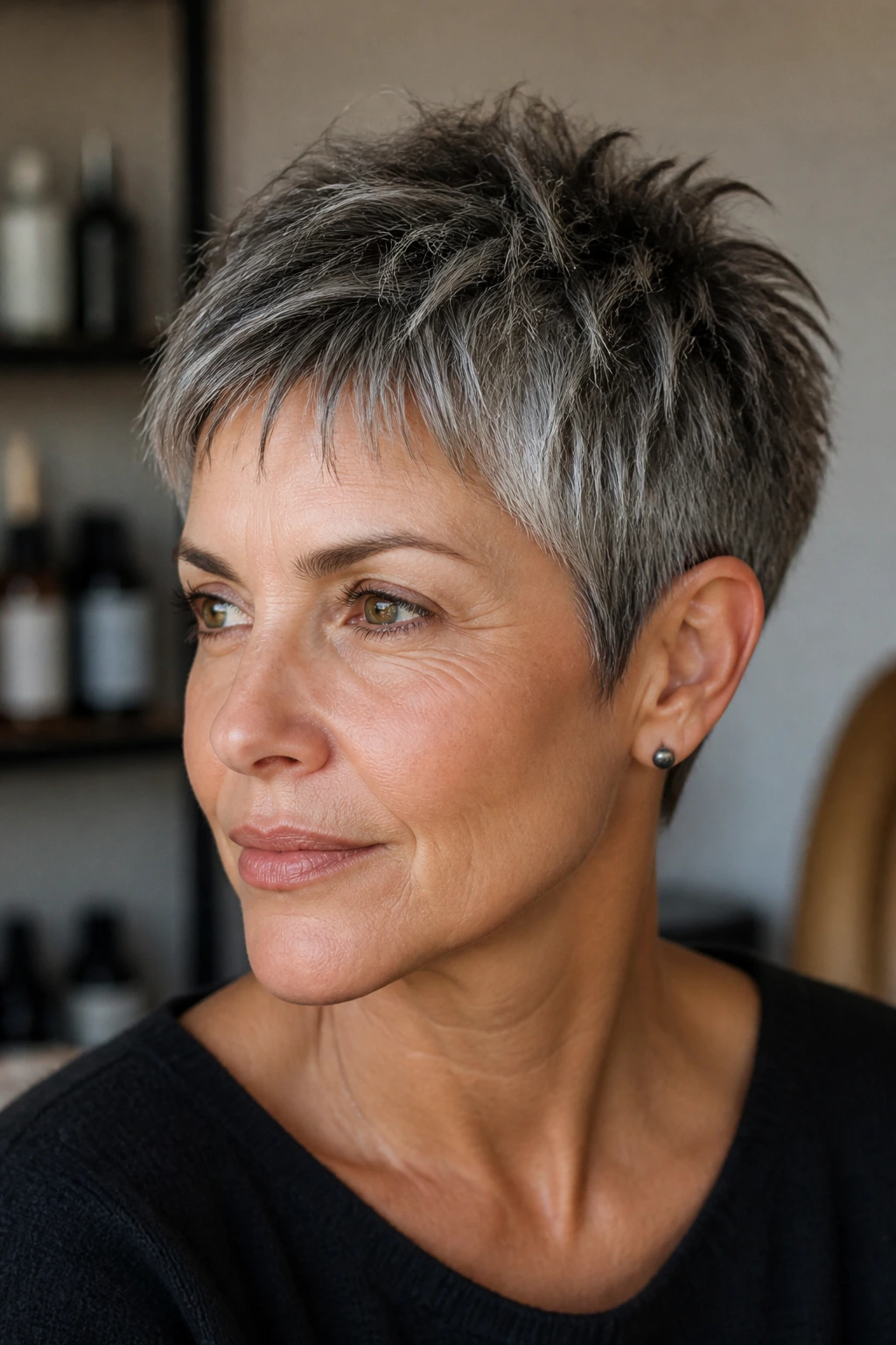 Portrait of a person with choppy salt and pepper pixie crop