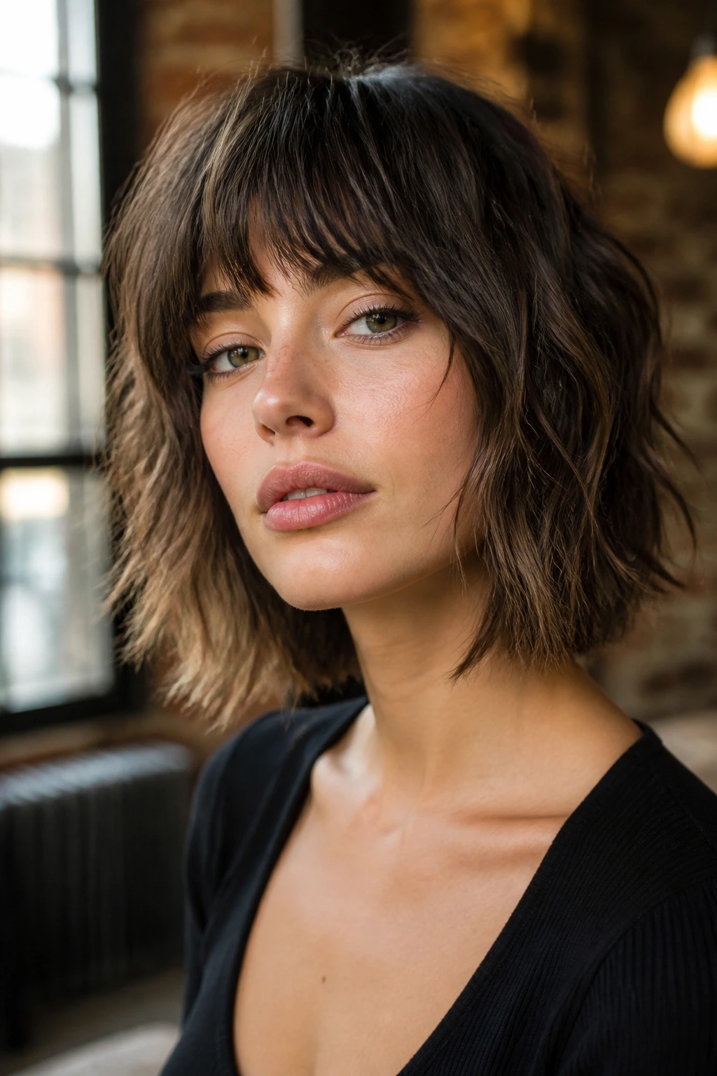 Real woman with choppy shag bob and arched bangs in moody loft.