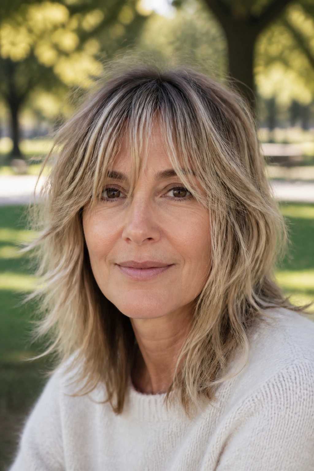 Portrait of a woman with choppy curtain bangs in sunlight