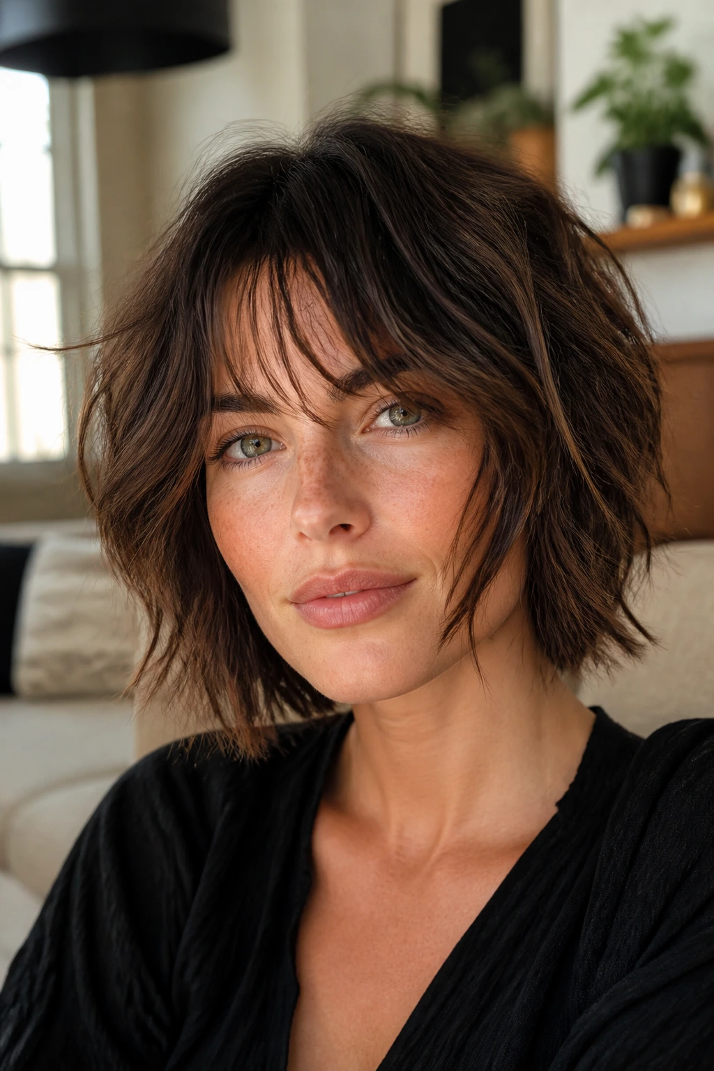 Portrait of a person with a choppy shag bob and air-dried bangs in a cozy sunlit room