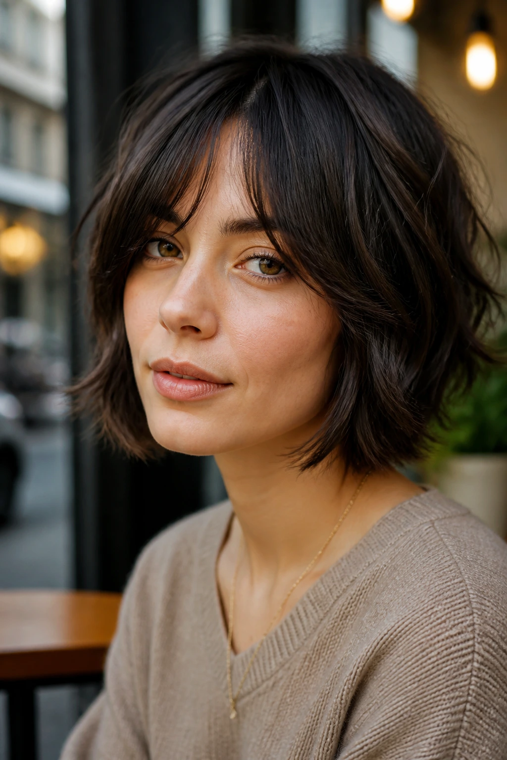 Close-up of a real woman with a choppy shag bob and curtain fringe