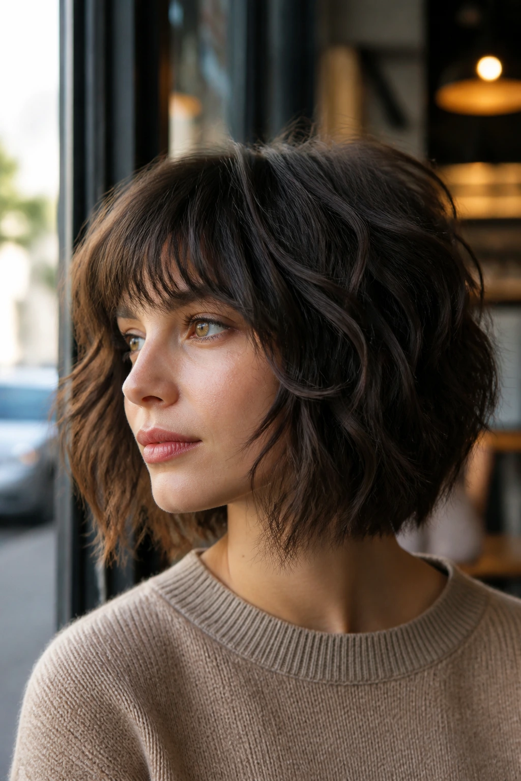 Close-up of a real woman with a choppy shag bob in daylight