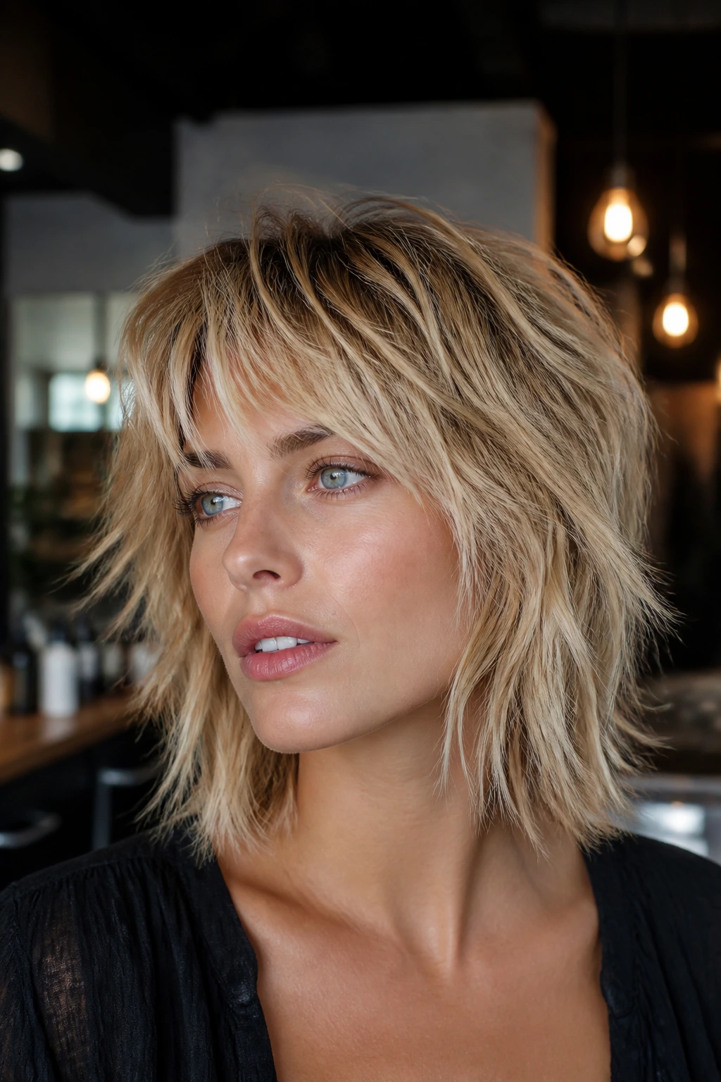 Close-up of choppy shag haircut with broken ends on a real person