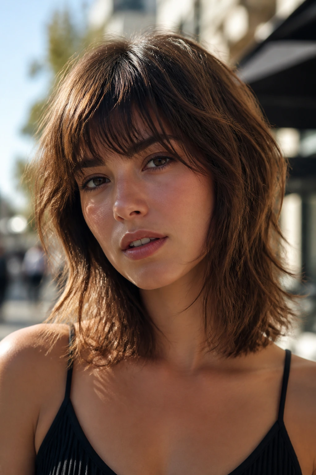 Close-up of choppy shag grazing the collarbone on a real person