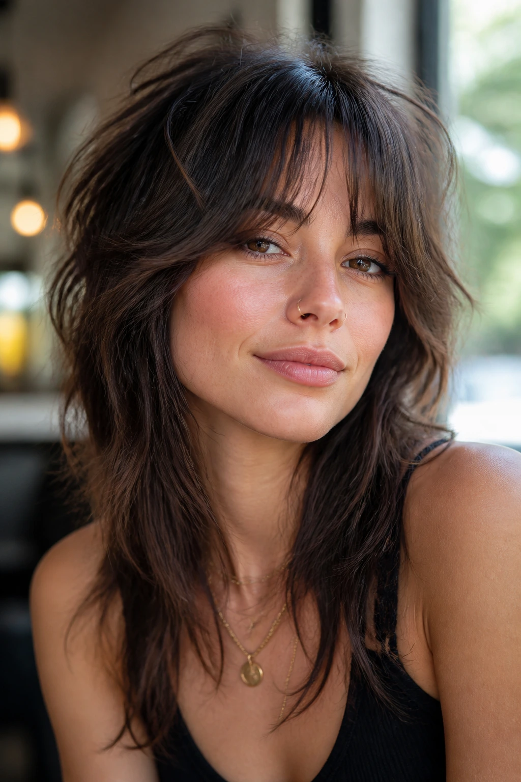 Close-up of a real person with a choppy shag and curtain bangs.