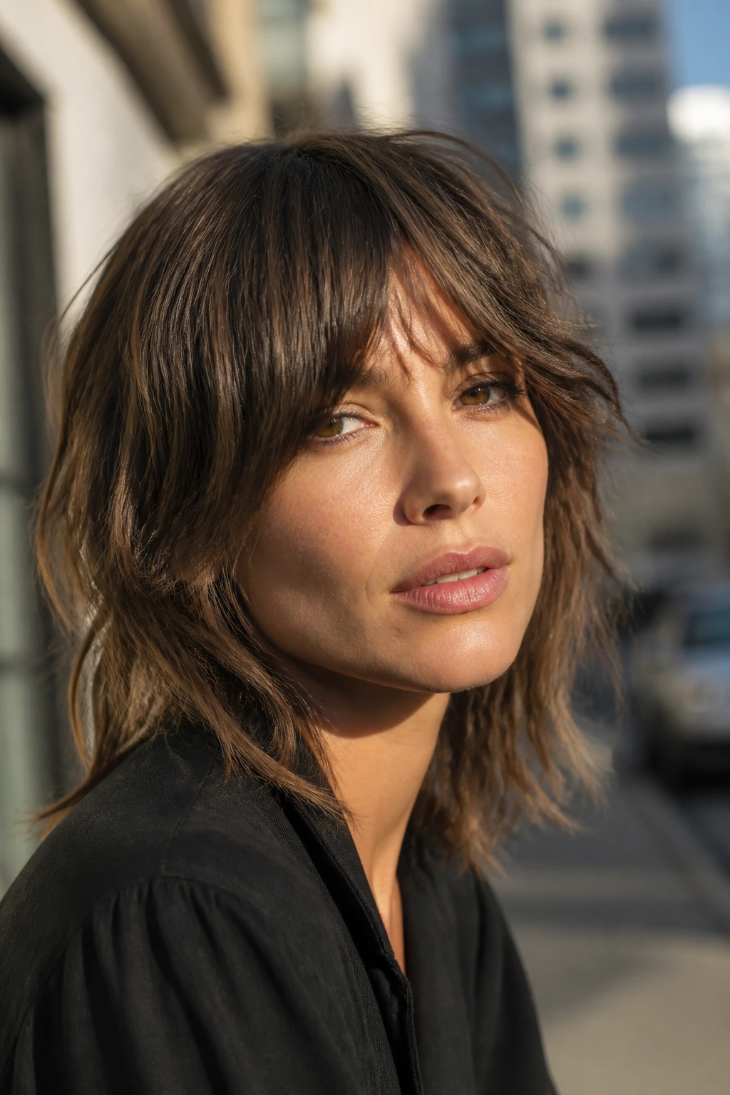 Portrait of a person with choppy shag and long sweeping fringe outdoors