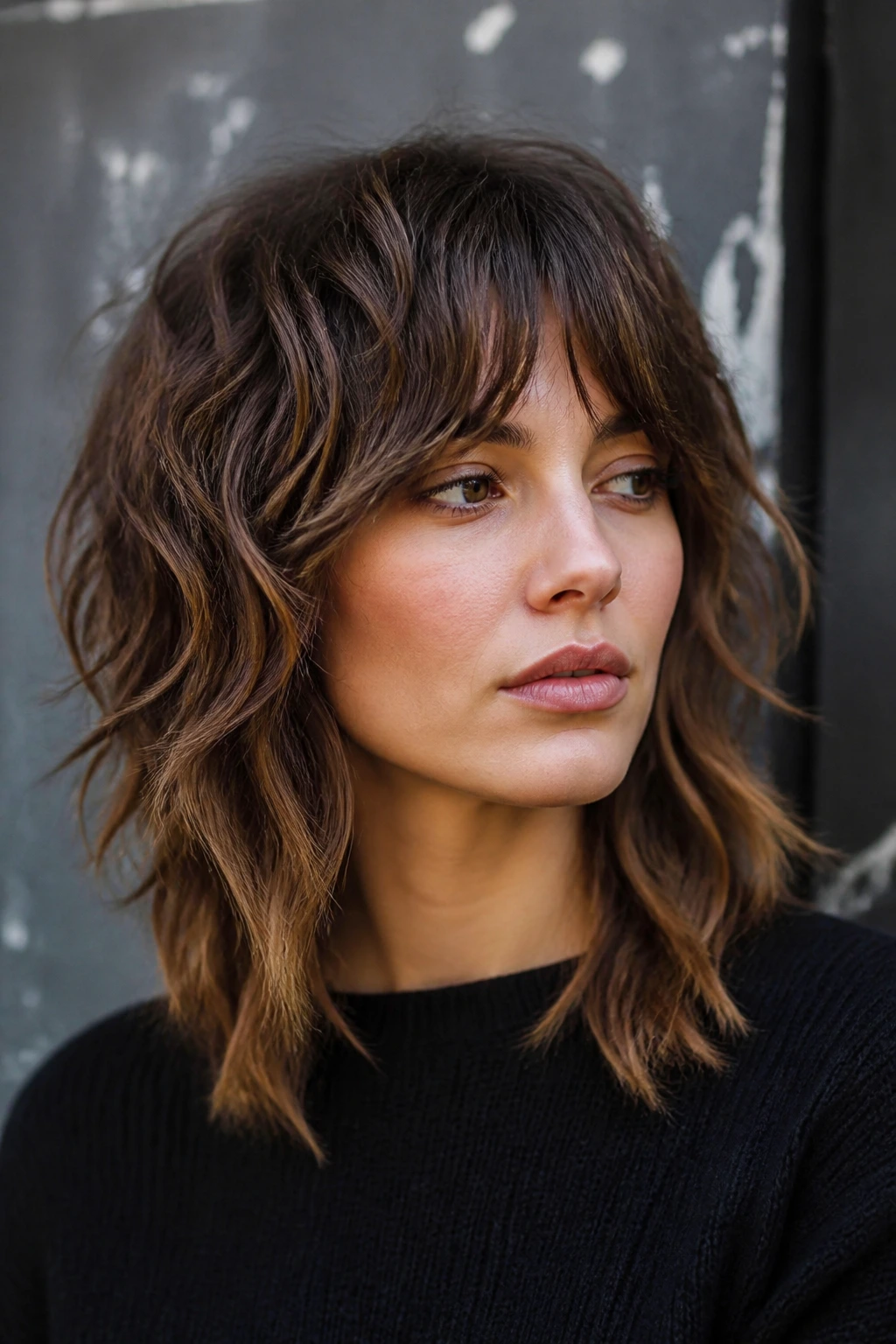 Close-up of a woman with a choppy wavy shag and piecey ends