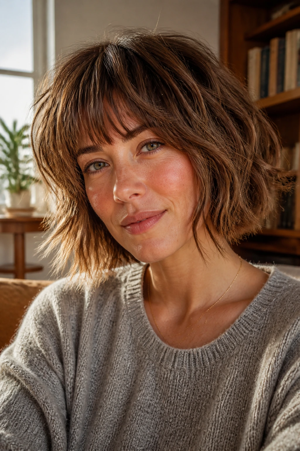 Close-up of real woman with choppy shag bob fringe in warm light
