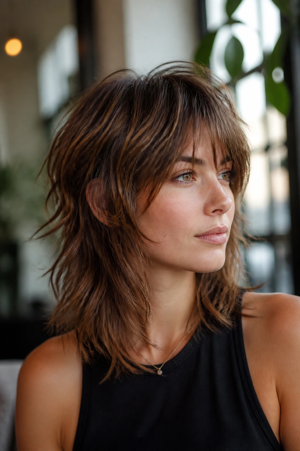 Portrait of a woman with a choppy shag and airy fringe in an urban-lit interior.