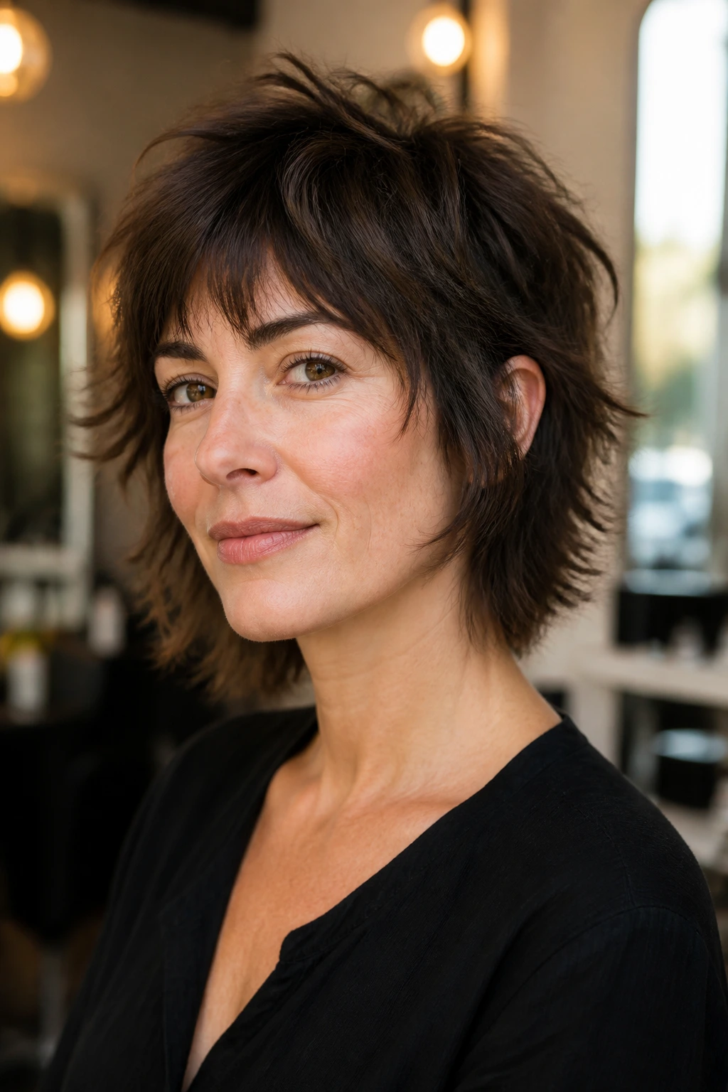 Close-up portrait of a real person with short choppy shag showing perimeter and crown lift in warm salon light
