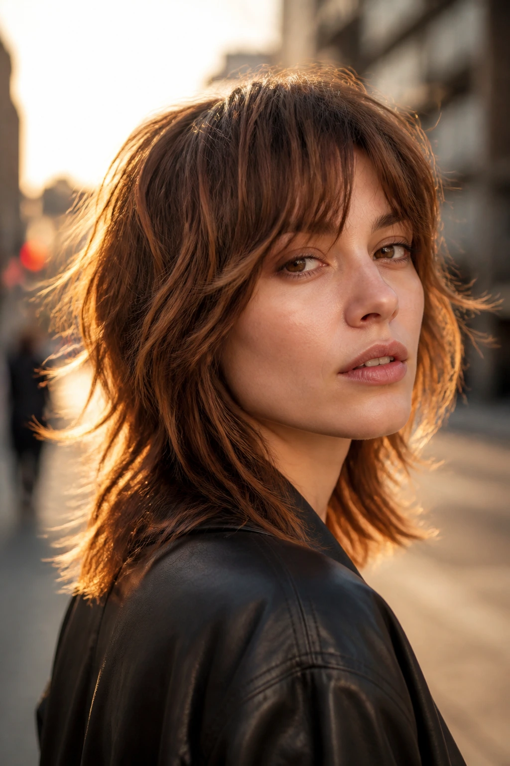 Close-up of a woman with choppy shag layers and textured ends