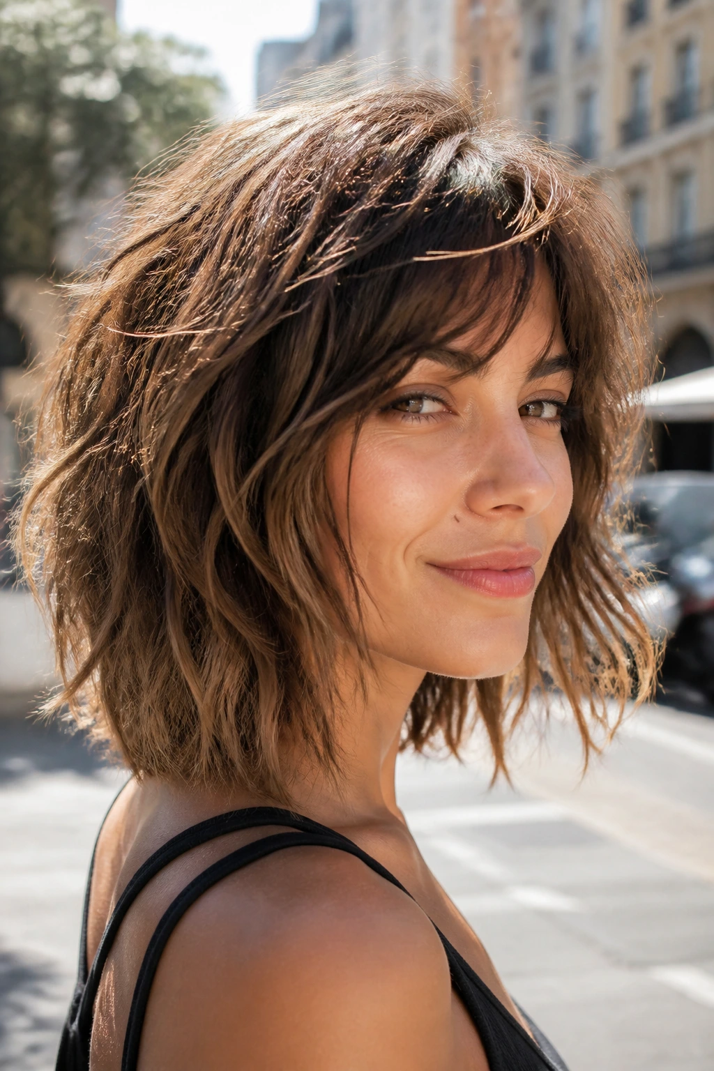 Real person with choppy shag lob showing textured ends and layered crown in bright outdoor light