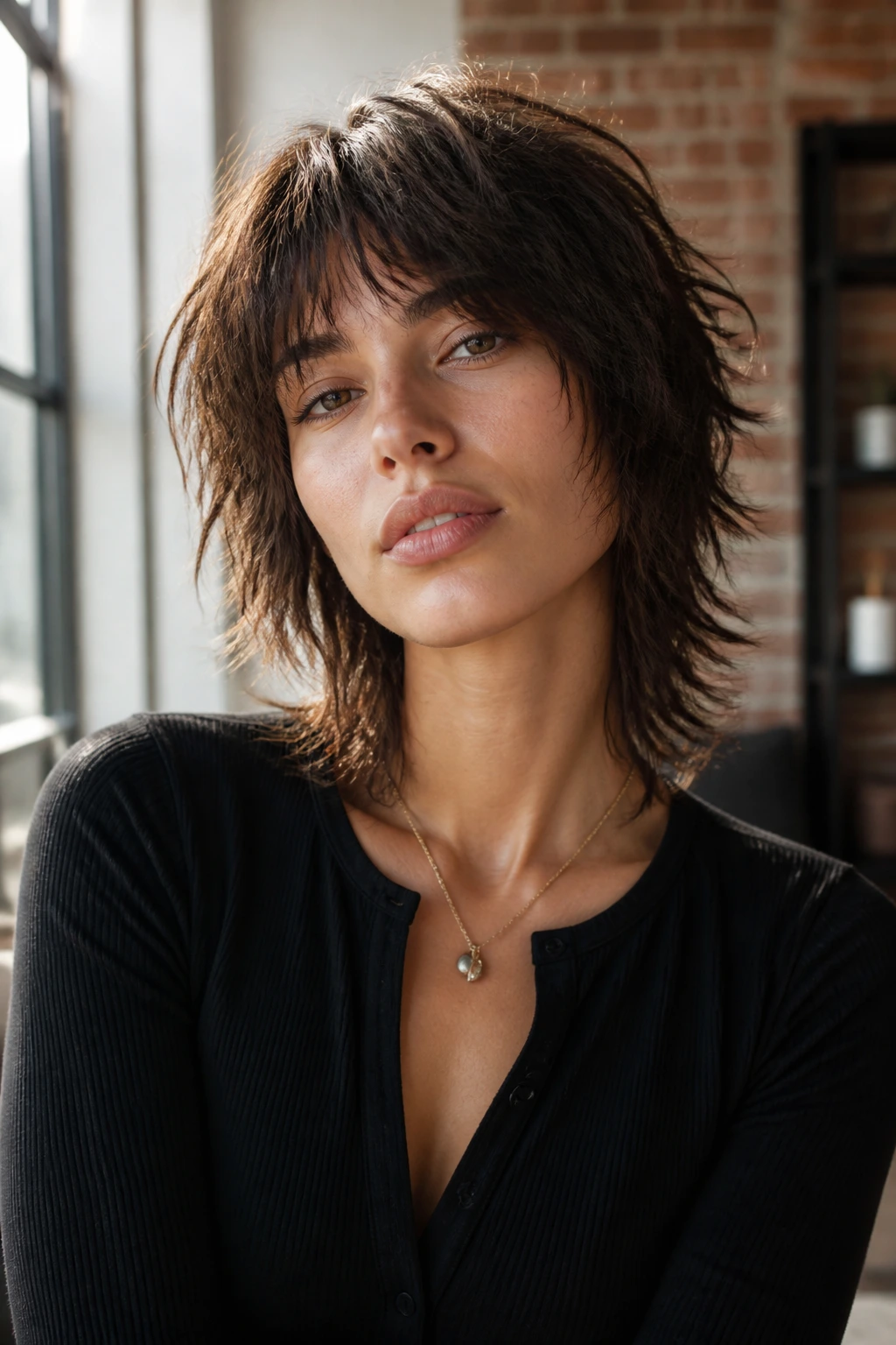 Real woman with choppy shag and micro layers in natural light.