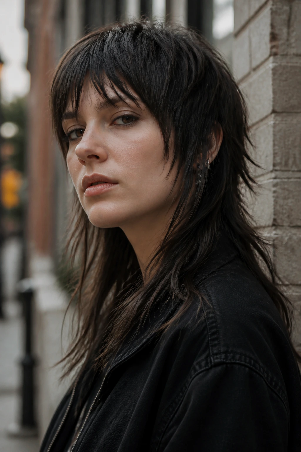 Portrait of real person with choppy shag mullet featuring mid-length layers and long back.