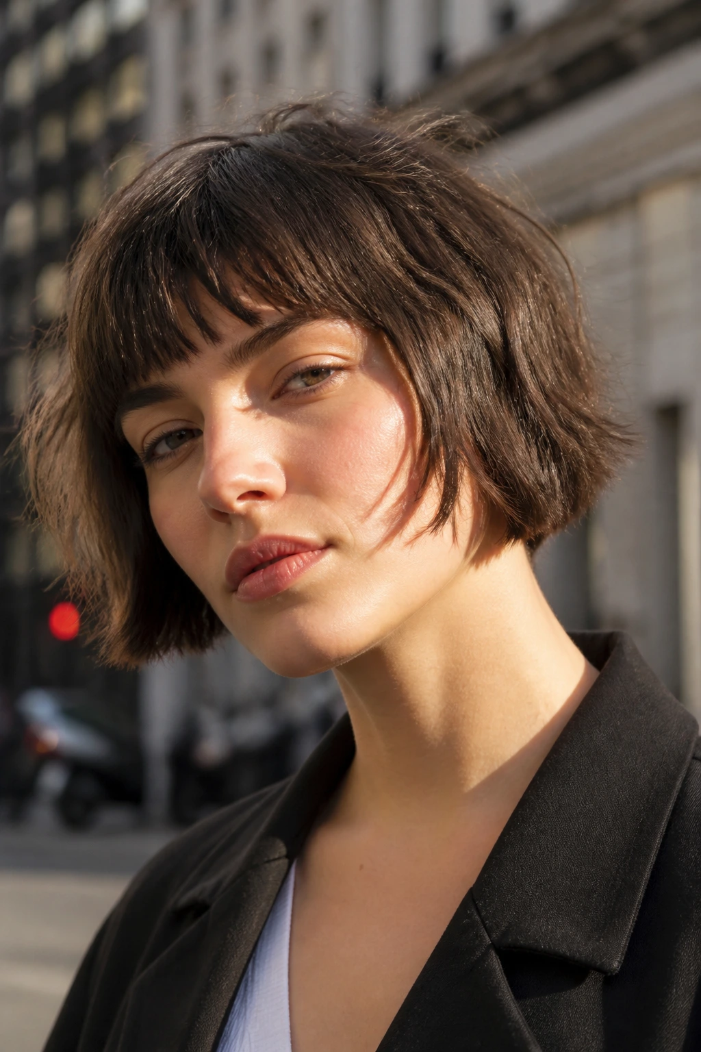 Real person with choppy shag-pageboy hairstyle in outdoor street light