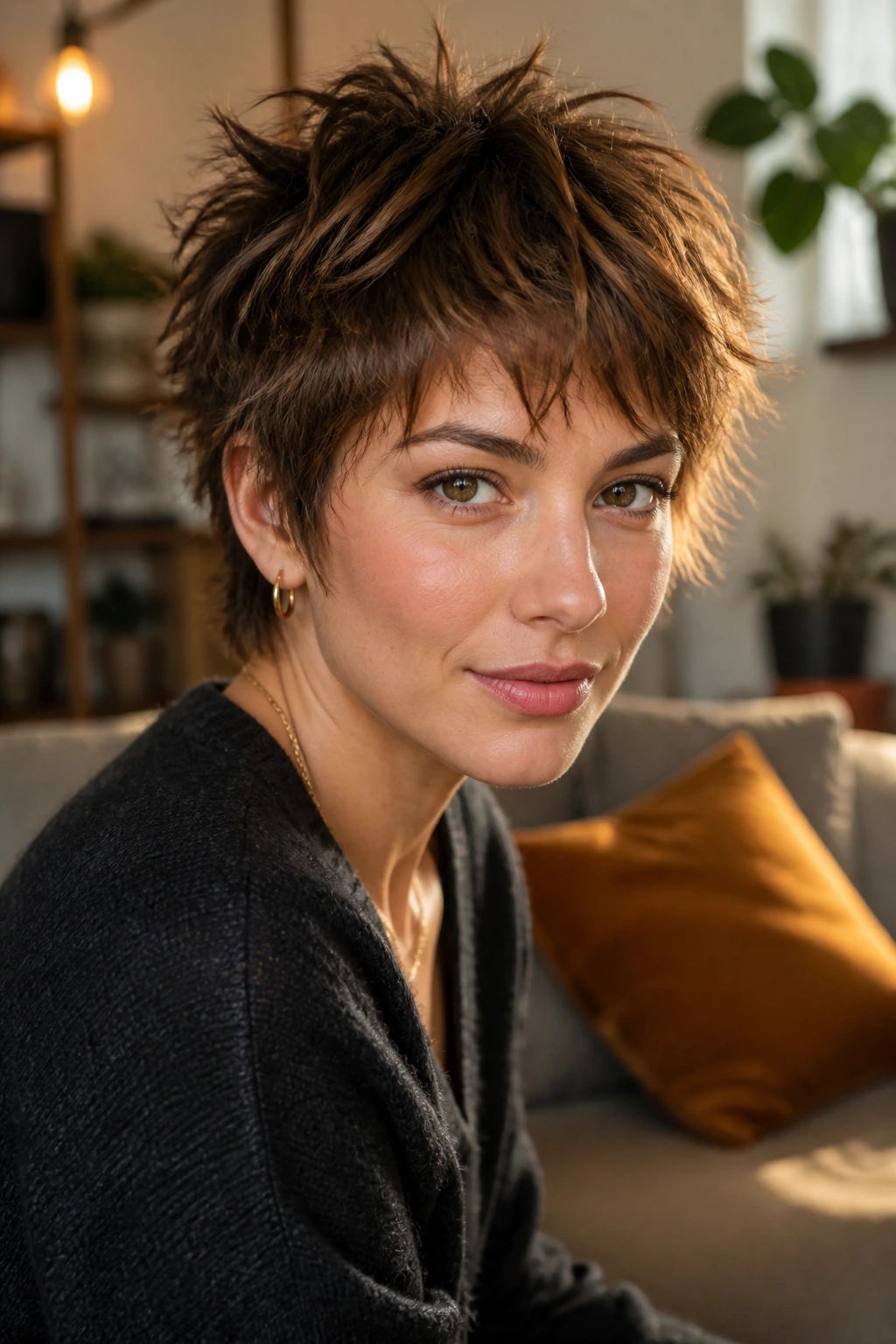 Close-up portrait of a real person with a choppy shag pixie hairstyle