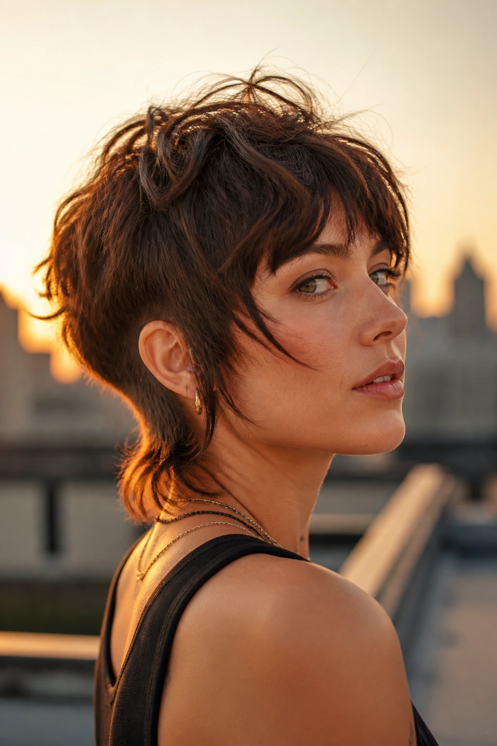 Portrait of a real person with choppy shag and rounded back undercut at golden hour