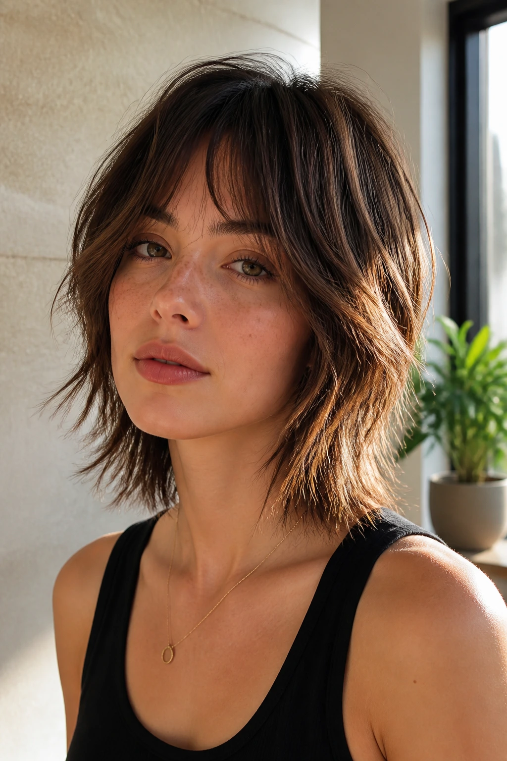 Close-up portrait of a real woman with choppy shag for straight hair in natural light.