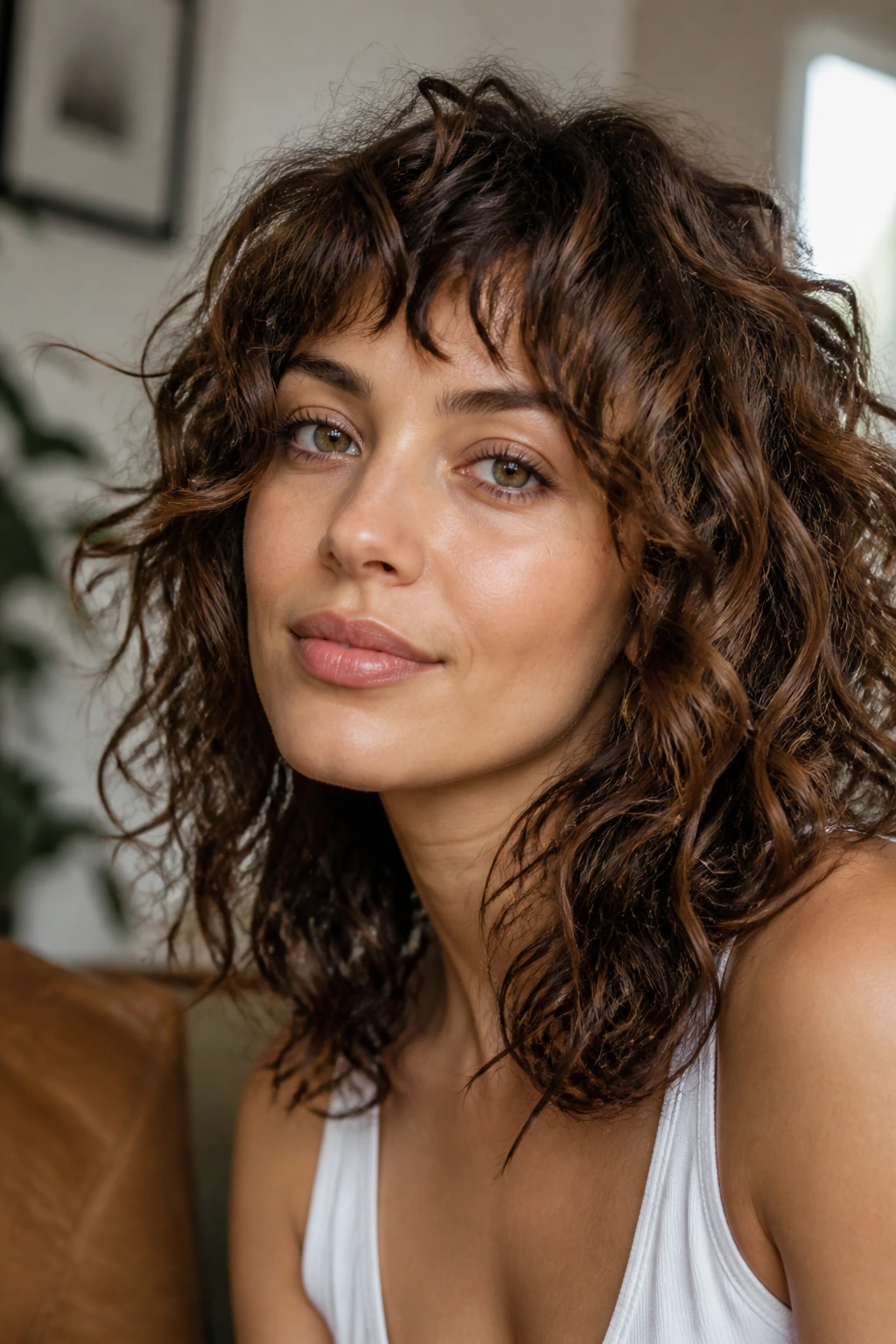Close-up of a real woman with choppy shag and uneven fringe