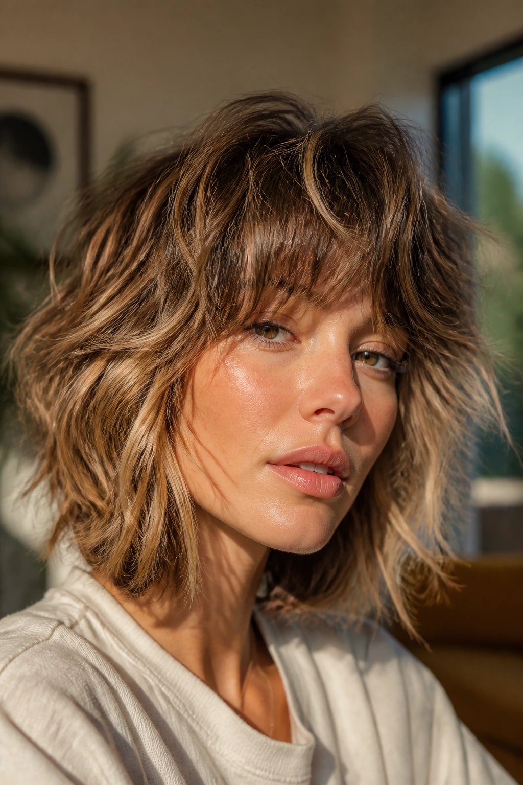 Close-up portrait of a real woman with choppy shag waves.