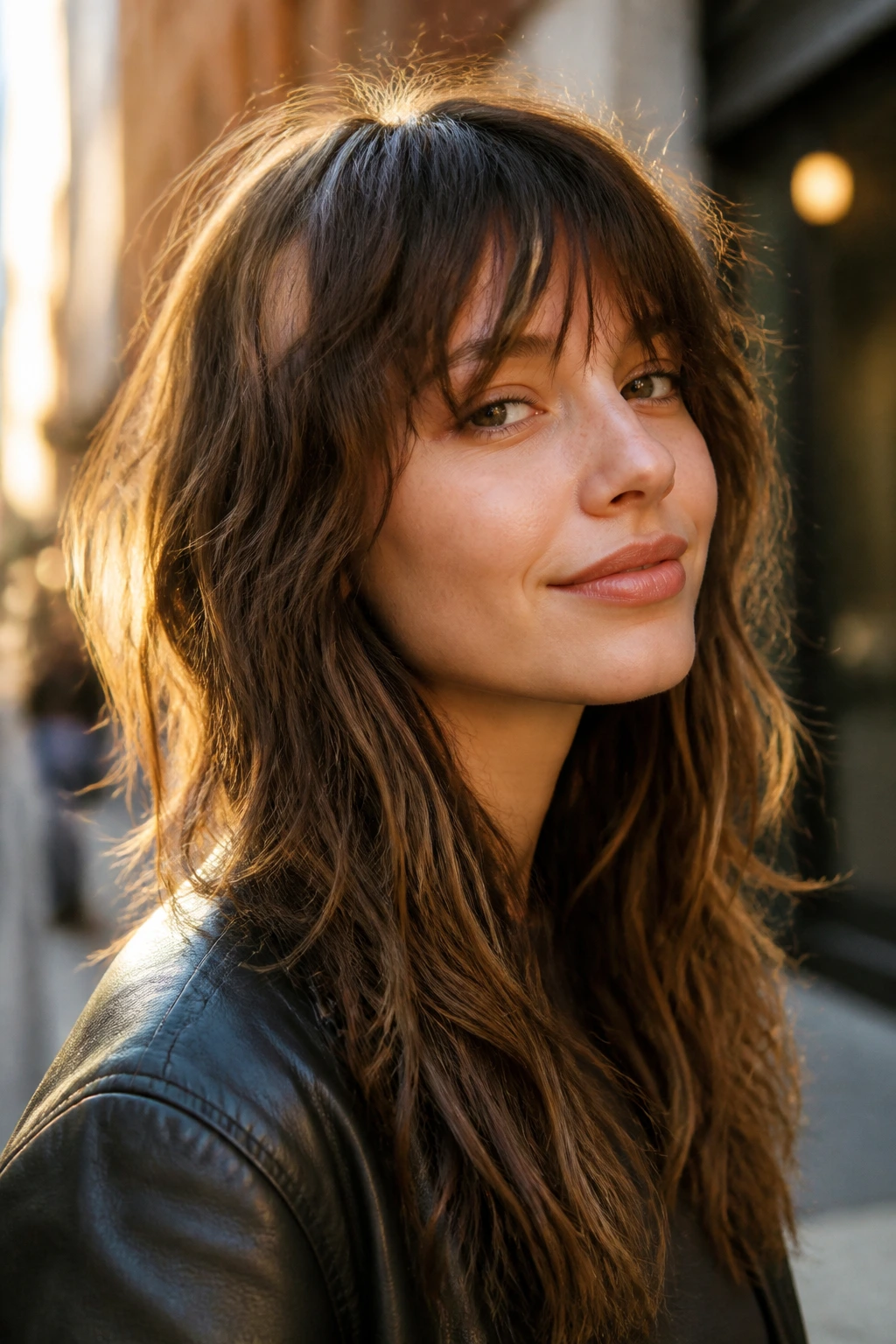 Close-up portrait of a real person with choppy shag wispy bangs and textured front in golden-hour street light