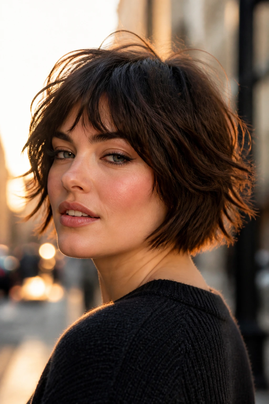 Portrait of a real woman with a choppy shaggy bob on a city street