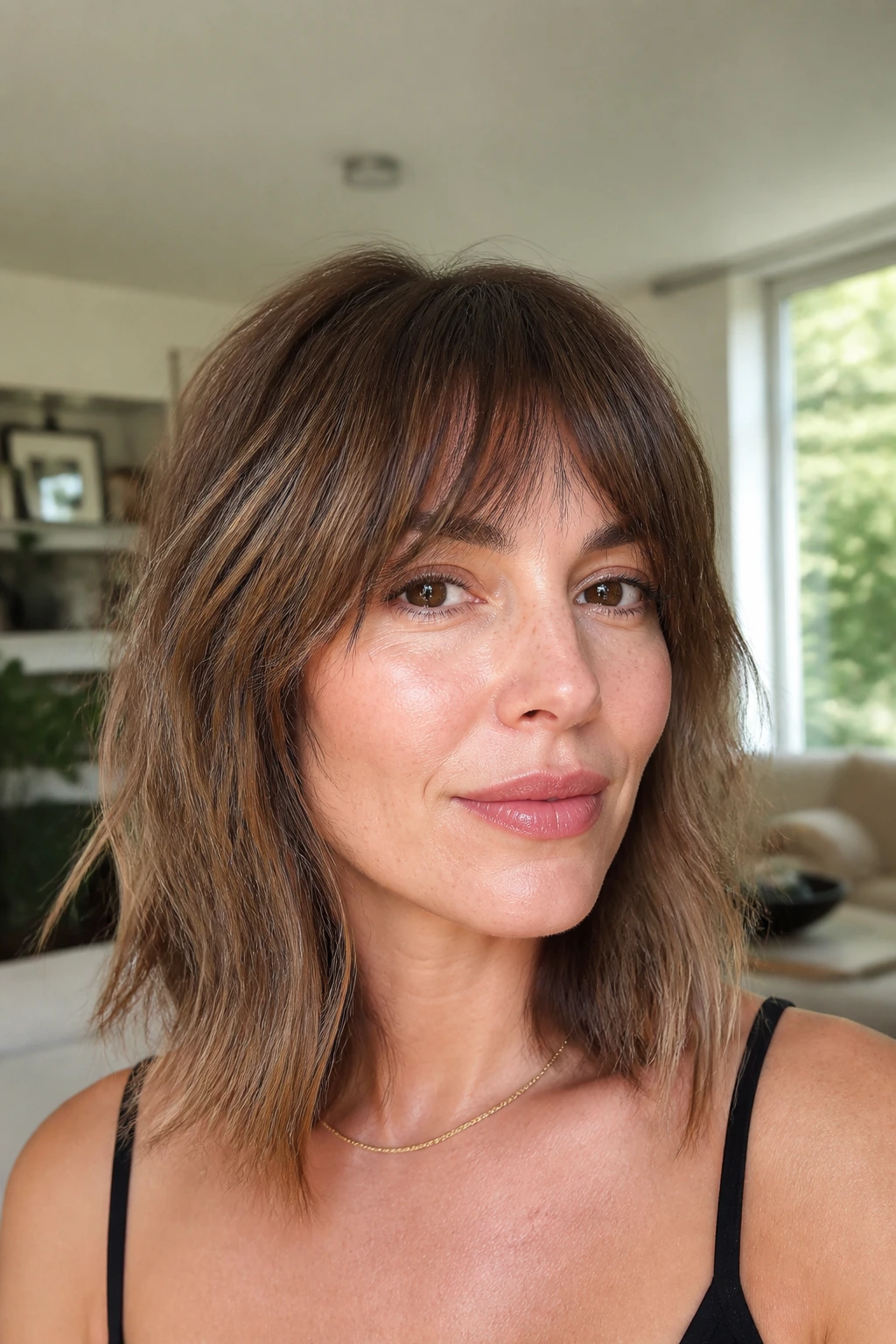 Close-up of a woman with a choppy shoulder cut and grown-out bangs.