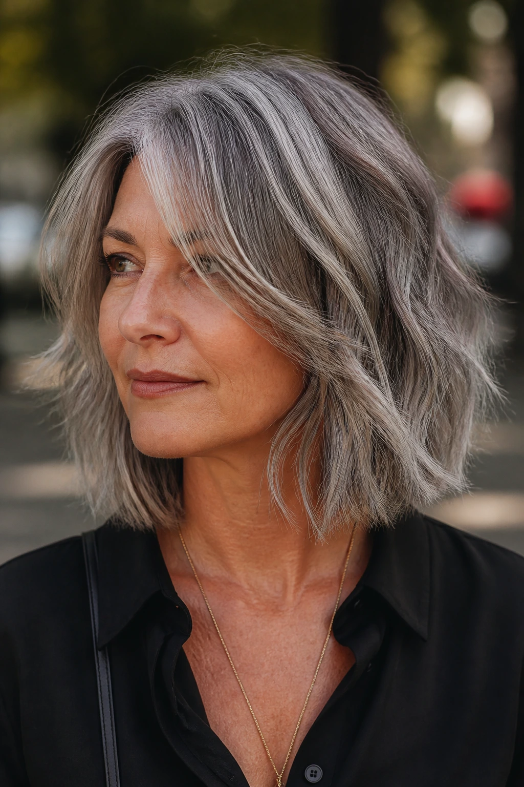 Portrait of a real person with a choppy shoulder-length textured bob in gray hair
