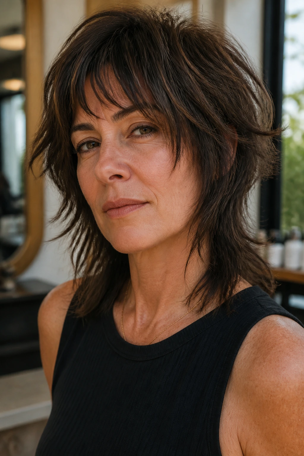 Close-up portrait of a real woman with a choppy shullet hairstyle.