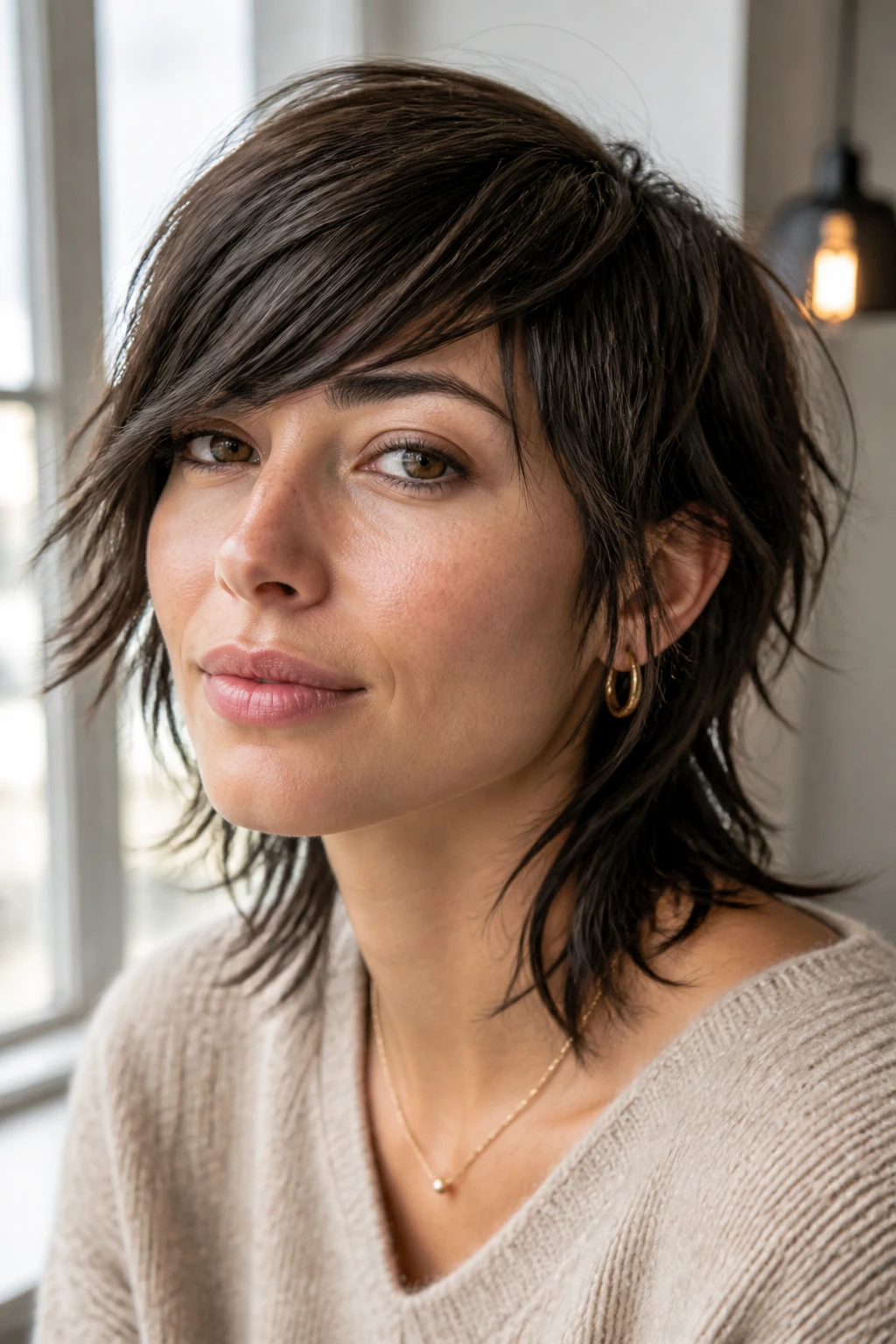 Close-up portrait of person with choppy side-bang shag hairstyle