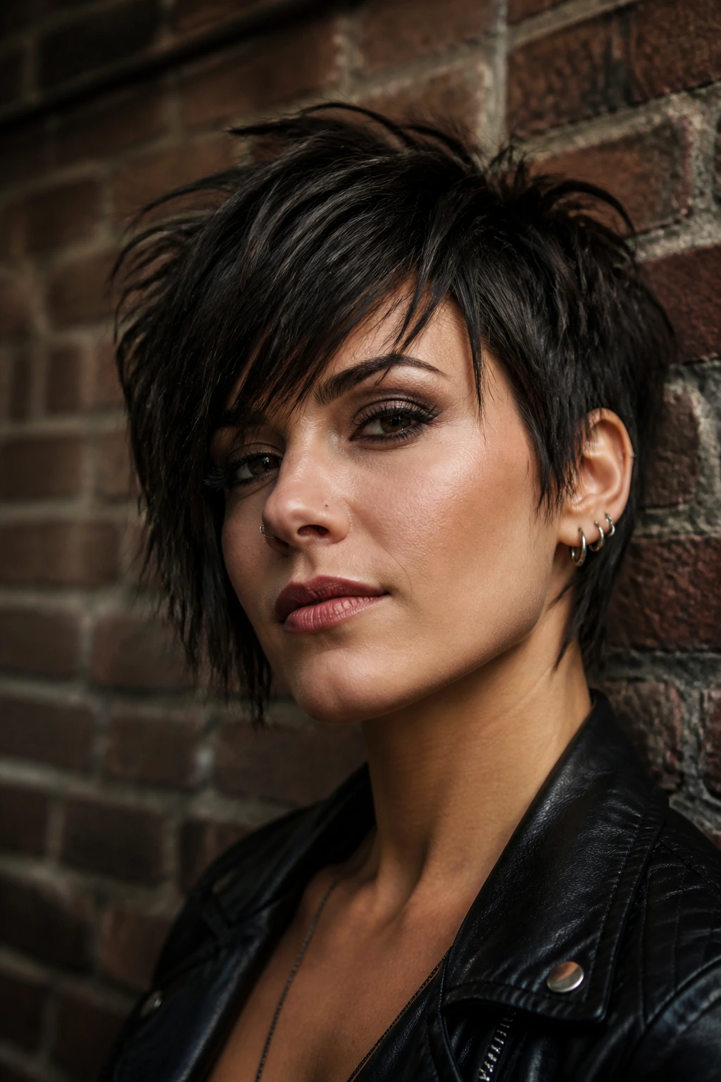 Portrait of a woman with choppy edgy side bangs against a brick wall.